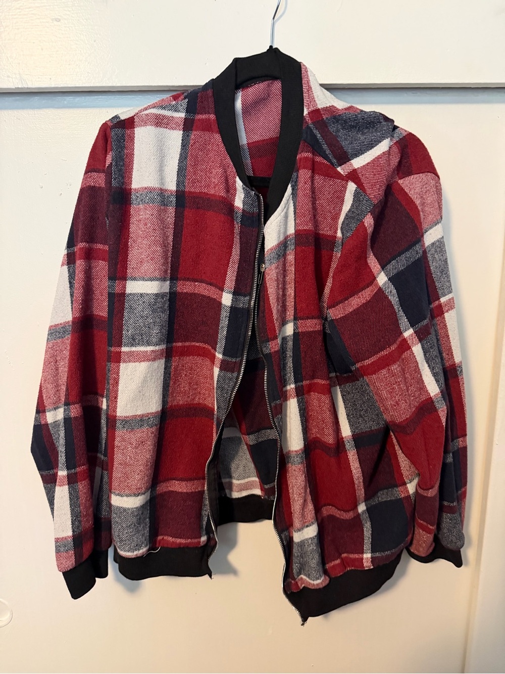 Red Navy Plaid Bomber Jacket